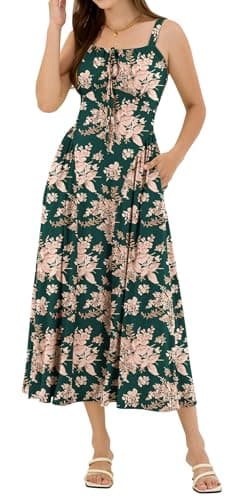 ZAFUL Women's Floral Corset Dress Spaghetti Strap Fit and Flare Flowy Midi Sundress with Pockets Dark Green S - Thumbnail 6