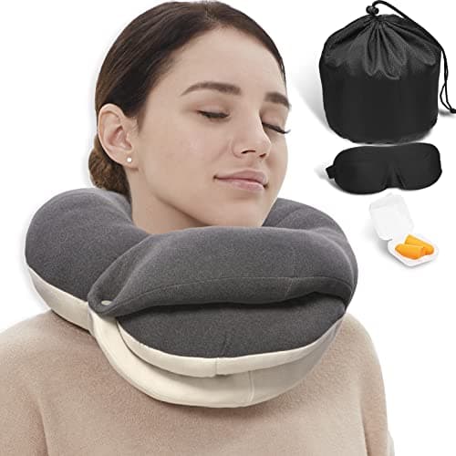 BUYUE Travel Neck Pillows for Airplanes, 360° Head Support Sleep for Long Flight, Skin-Friendly & Breathable, Kit with 3D Contoured Eye Mask, Earplugs and Storage Bag (Adult, Grey, 90+ lbs) - Image 1