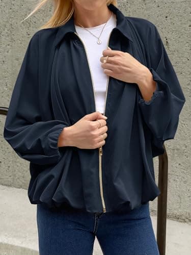 Tankaneo Womens Bomber Jackets Oversized Batwing Sleeve Zip Up Puffed Jacket Lapel Collar Pleated Outerwear - Thumbnail 2