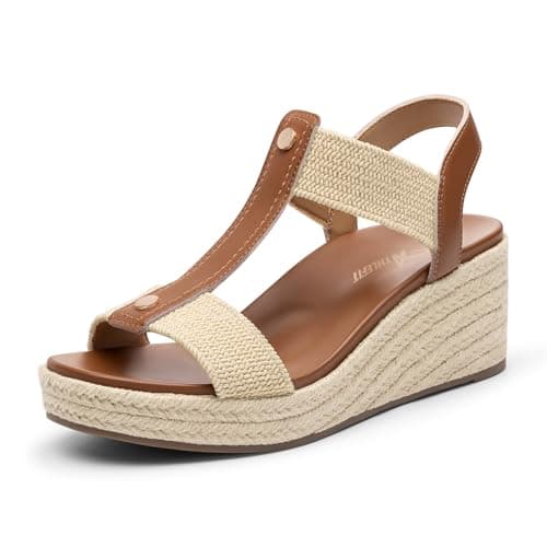 Athlefit Espadrille Wedge Sandals for Women Platform Comfortable Dressy Casual Open Toe Elastic Strap Brown Sandals with Arch Support for Summer Walking Size 7 - Image 1