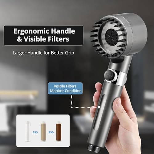 Iopsk Fitered Shower Head with Handheld for Hard Water, High Pressure Handheld Shower Heads with On Off Switch, Showerhead with Long Hose(Gun Grey,2 Filters) - Thumbnail 6