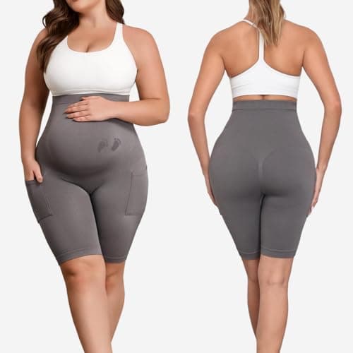 Y25D Maternity Biker Shorts with Pockets 8" Over Belly Seamless Athletic Yoga Workout Running Lounge Shorts - Thumbnail 2