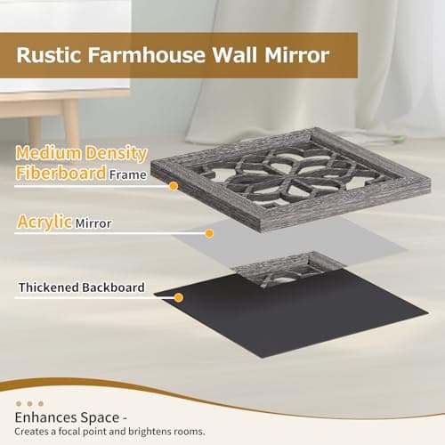 HMANGE Boho Wall Mirror Decor, Set of 2 Rustic Farmhouse Accent Mirror 12x12 Inch, Square Shatterproof Vintage Style Mirrors for Wall, Small Decorative Mirrors for Living Room, Bedroom(Brown) - Thumbnail 5