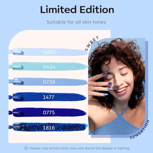 modelones Blue Gel Nail Polish Set 6 Colors, 2026 Spring Pastel Royal Navy Sky Icy Klein Blue Glitter Gel Polish Kit Light to Dark Shades Soak Off All Seaones Nail Art Gel Salon DIY Manicure Gift - Thumbnail 4