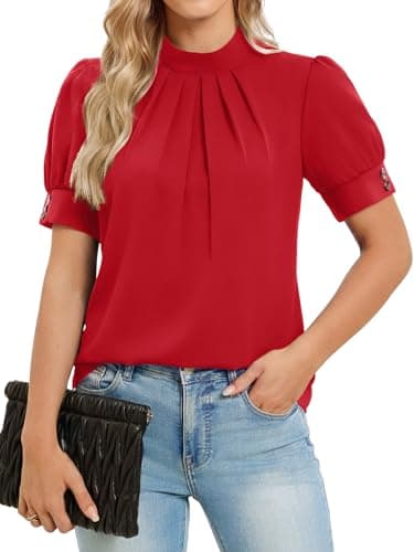 Funlingo Blouses for Women Dressy Casual Short Puff Sleeve Mock Neck Work Tops Business Casual Outfits 2026 Spring Shirts Red 3XL - Image 1