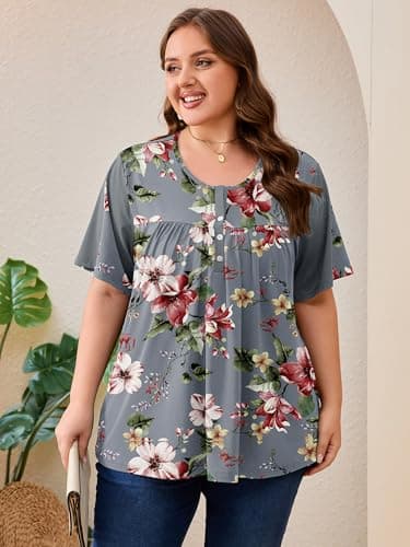 AusLook Plus Size Floral Tunic Tops for Women Pleated Babydoll Blouse Short Sleeve Round Neck Loose Fit Casual Flowy Gray Watercolor Bouquet 3X Tunic Shirts Summer Tops to Wear with Leggings - Thumbnail 2