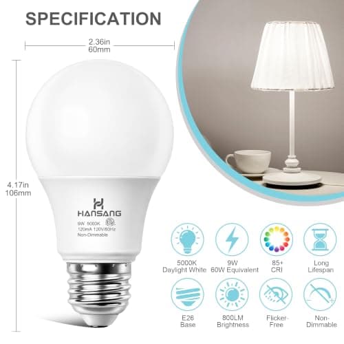 hansang A19 LED Light Bulbs, 60W Equivalent, Daylight 5000K E26 LED Bulb, Efficient 9W, 800 Lumens, 120V, CRI 85, Eye-Friendly for Bedroom Living Room, Non-Dimmable, 6 Pack - Thumbnail 2