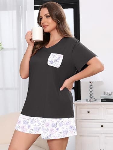 AusLook Plus Size Pajama Set for Women 2 Piece V Neck Short Sleeve Loungewear 4X Set with Pajama Printed Shorts Summer Sleepwear Loose Fit 1X-5X - Thumbnail 3
