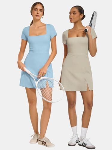 AFFOLE Womens Square Neck Tennis Dress Short Sleeve Built in Shorts Golf Athletic Dress with Pockets Light Blue - Thumbnail 6