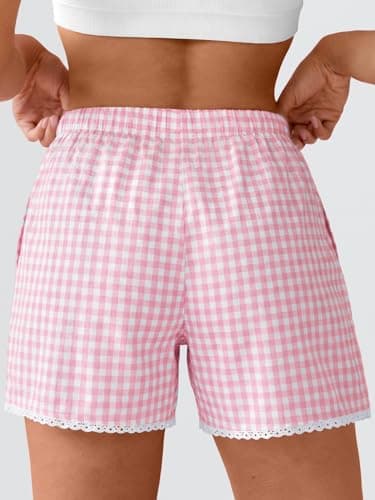 ANRABESS Boxer Shorts for Women 2026 Summer Pajama Gingham Pj Shorts Casual Lounge Sleep Plaid Y2K Beach Bottoms Outfits Pink White Plaid X-Large - Thumbnail 4