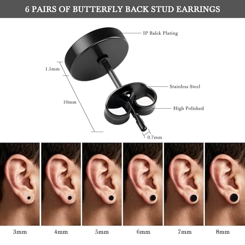 Hypoallergenic Black Stud Earrings for Men Women: 6 Pairs Flat Back Stainless Steel Cartilage Piercing Ear Tunnel 5mm-10mm (6 Pairs-Black-(3-8mm)) - Thumbnail 2