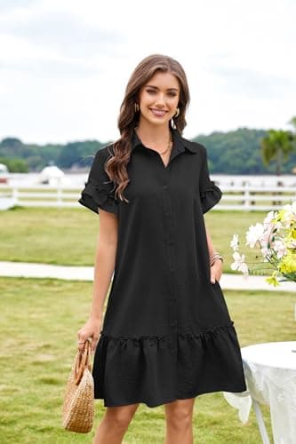 CCTOO Women's Summer Dresses Casual V Neck Button Down 3/4 Sleeve Floral Print Loose Flowy Shirt Dress 06 Black L - Thumbnail 4