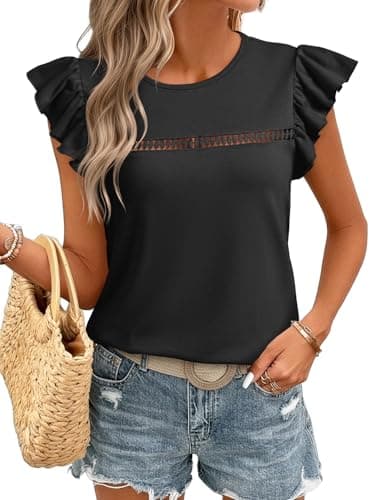 JUSTFASHIONNOW Womens Ruffle Short Sleeve Tops Black Cute Summer Shirts Dressy Casual Crew Neck Blouses 2026 Fashion Outfits(Black,Small) - Image 1