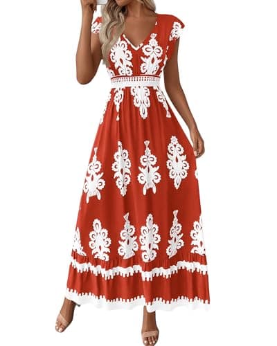 BTFBM Summer Dresses for Women Beach Fashion Floral Short Sleeve V Neck Boho Long Wedding Guest Maxi Dress Spring(Floral White Pink,XX-Large) - Image 1