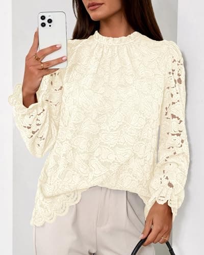 KIRUNDO Lace Tops for Women Dressy Causal 2026 Early Fall Fashion Ruffle Long Sleeve Mock Neck Blouses Shirts(Apricot, XX-Large) - Thumbnail 3