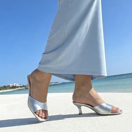 Athlefit Silver Kitten Heels for Women Square Open Toe Heeled Sandals Slip On Dressy Short Low Heels for Prom Size 5.5 - Thumbnail 3