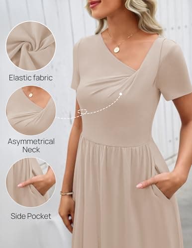 MEROKEETY Women's Summer Asymmetrical V Neck Sundress 2026 Short Sleeve Casual Ruched A Line Beach Vacation Mini Dresses, Khaki, Large - Thumbnail 5