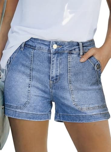 Astylish Womens Pull On Jean Shorts High Waisted Denim Shorts for Women Summer Stretch Penny Patch Big Pocket Dusk Blue Size 16 - Image 1