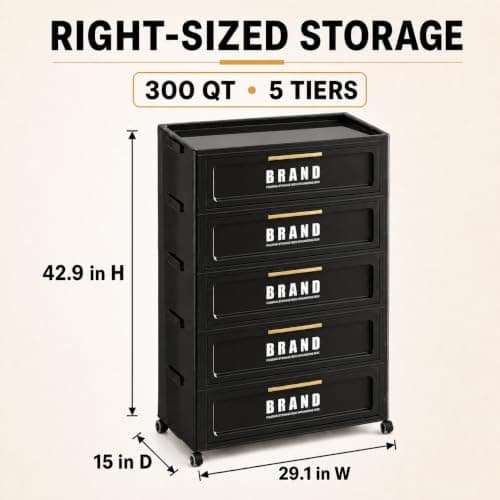 300QT 5-Tier Foldable Storage Cabinet with Magnetic Door & Wheels, Dorm Room Stackable Organizer, Space-Saving Unit for Apartment, Living Room, Pantry, Office (Black) - Thumbnail 3