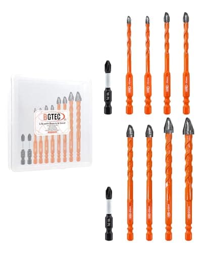 Masonry Drill Bit Set BGTEC - 10PCS 3/16" - 1/2" Carbide Eccentric Drill Bit with PH2 Screwdriver Bits for Masonry/Brick/Concrete/Tile/Glass/Wood/Plastic/Marble