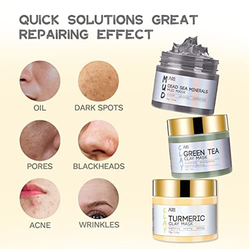 ANAI RUI 3 Pcs Face Mask Set - Turmeric Clay Mask - Green Tea Face Mask - Dead Sea Mud Mask for Oily Skin, Blackheads & Pores -Spa Gift Set Self Care for Women Teens 2.5 oz Each - Thumbnail 6