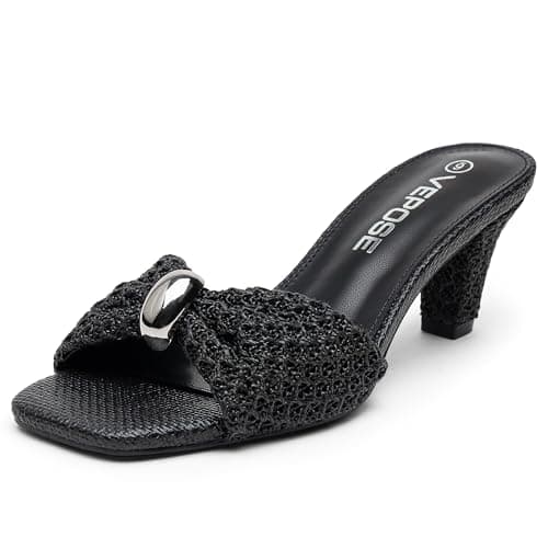 Vepose Women's Black Woven Raffia Heeled Sandals, Approx 3 Inch Flared Block Chunky Slip on Mules with Ring Charm - Square Open Toe Business Casual Wedding Size 9.5 (CJY6102 Black 09.5) - Image 1