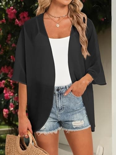 GKBK Women's Floral Print Puff Sleeve Kimono Cardigan Loose Cover Up Casual Sheer Blouse Beach Wear Oversized Tropical Cruise Business Attire Tops Trendy Outfits Fashion Clothing Black L - Thumbnail 2