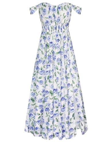 GRACE KARIN Summer Floral Dress for Women 2026,Off the Shoulder Smocked Bridesmaid Dresses,Formal Baby Shower Maxi Dresses White Blue Hydrangea L - Thumbnail 3