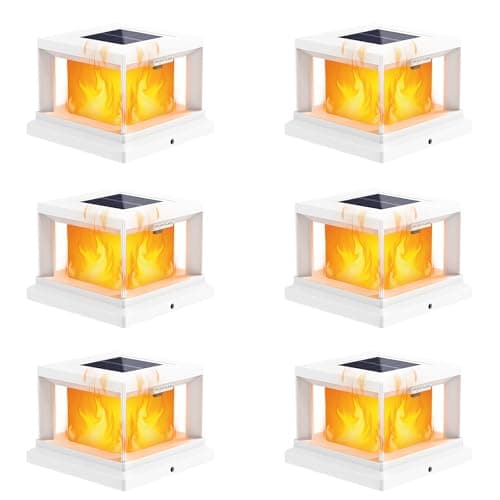 Brightever 4x4 Post Solar Lights with Flickering Flame, Solar Flame Post Cap Lights Outdoor for 3.5x3.5 4x4 Wooden/Vinyl Post, White Fence Post Solar Lights for Garden Patio Porch, 6-Pack