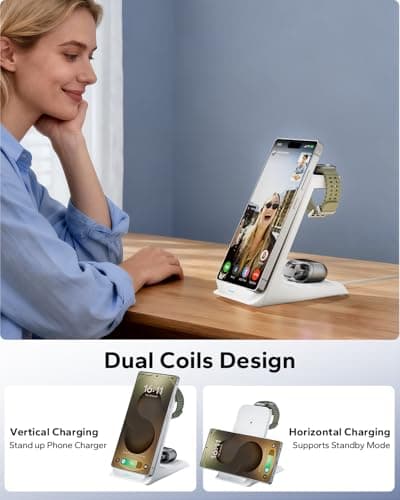 Eddibox 3 in 1 Charging Station for Samsung for Thick Cases of 10MM/Otterbox/Heavy Duty, Wireless Charger for Samsung Galaxy S26 Ultra/S25/S24, Phone Charger Stand for Galaxy Watch and Buds(White) - Thumbnail 4