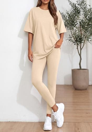 BTFBM Two Piece Lounge Set Women 2026 Spring Casual Oversized Shirts Leggings Matching Workout Airport Travel Outfits(Beige, XX-Large) - Thumbnail 2