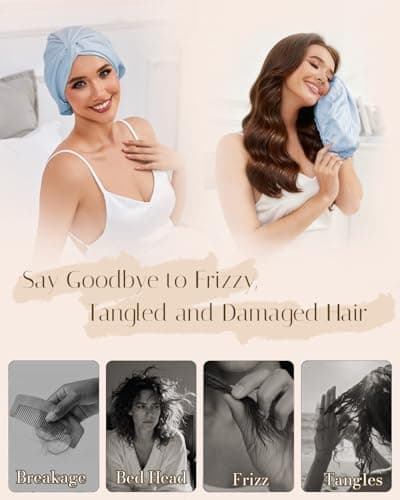 HFRHTGY Adjustable Silk Satin Hair Bonnet for Sleeping Women Hair Wrap, Double Layer Night Turban, Sleep Cap for Natural Curly Straight Unisex - Sky Blue - Thumbnail 4