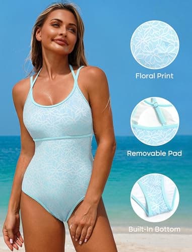 ZAFUL Tummy Control Swimsuits for Women 1 Piece Bathing Suits High Cut Full Coverage Slimming Swimsuit Adjustable Strap Sexy Swimwear Cute Floral Printed Halter Push Up Swim Suit 2025 Blue,M - Thumbnail 4