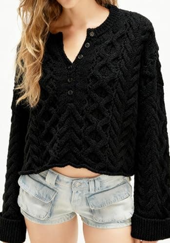 Jenkoon Women's Cable Knit Sweater Oversized Crop Knit Pullover Chunky Crew Neck Long Bell Sleeves Button Front Sweaters(Black,L) - Thumbnail 5