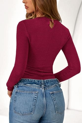 PRETTYGARDEN Womens Tops 2026 Spring Long Sleeve Fitted T Shirts Waffle Ruched Crop Shirt Basic Knit Workout Y2k Clothes(Burgundy,XX-Large) - Thumbnail 3