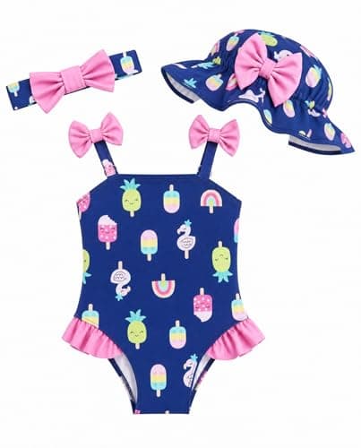 DivingBirds Baby Girl Swimsuit with Sun Hat & Headband Set, Infant One Piece Bathing Suit Newborn Summer Beach Gift,Black Ice Cream,3-6 Months - Image 1