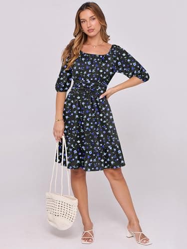 ANRABESS Womens Lantern Short Sleeve Square Neck Casual Flowy Mini Dresses 2026 Holiday Summer Spring Beach Vacation Clothes Blue Floral XX-Large - Thumbnail 5