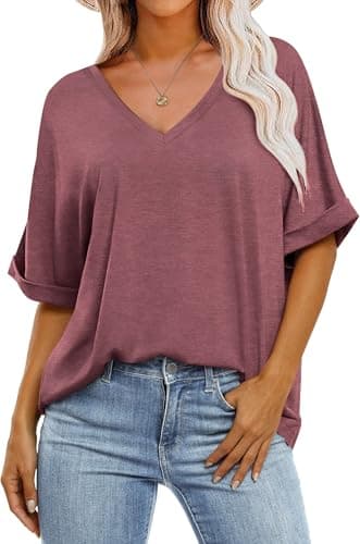 GKBK Womens Oversized T Shirts V Neck Loose Fit Shirts Short Sleeve Summer Casual Tops 2025 Trendy Blouses Y2K Plain Tees Wine M - Image 1