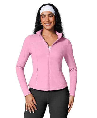 BRXL Womens Workout Jackets Full Zip Slim Fit Yoga Jacket Gym Track Jackets No Thumb Holes with Pockets Pink XXL