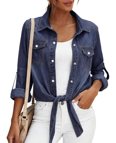 PRETTYGARDEN Long Sleeve Cardigans for Women Trendy V Neck Collared Button Down Denim Shirts Casual Chambray Blouses Top (Dark Blue, X-Large) - Image 1