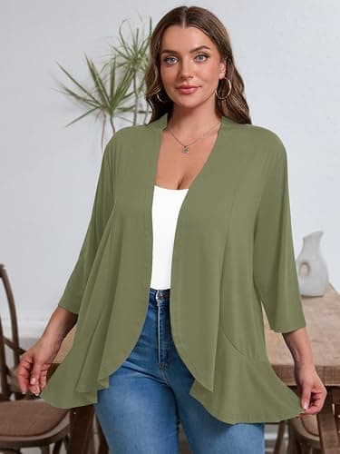 AusLook Women's Plus Size 3/4 Sleeve Lightweight Open Front Cardigan Light Green 3X Draped Ruffles Causal Cover Ups Shrugs Tops Shawls and Wraps Kimono Jacket Coat - Thumbnail 3