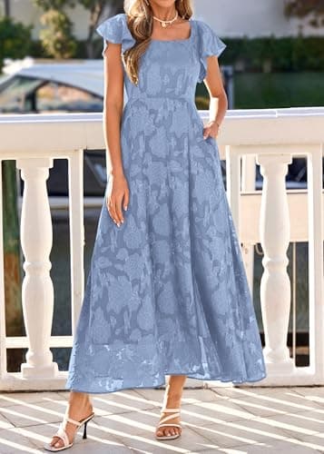 KIRUNDO Cocktail Dresses for Women Elegant Wedding Guest Summer Formal Maxi Lace Floral Slit Prom Party Bridesmaid Dress (Blue, Medium) - Thumbnail 4