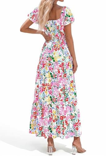 BTFBM Summer Dress for Women 2026 Spring Floral Short Sleeve Casual Flowy A-Line Smocked Tiered Maxi Dresses Pockets(Floral White Multicolor, Small) - Thumbnail 3