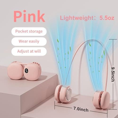 Suzii Portable Neck Fan, Hands Free Wearable Personal Fan with 5 Speeds, Rechargeable Foldable Cooling Fan, 360° Adjustable Lightweight Fan for Travel, Home, Office, Outdoor Pink - Thumbnail 2