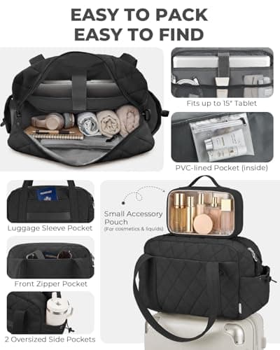 Percover Gym Bag for Women, Lightweight Quilted Travel Duffle Bag & Weekend Bag, Carry On Gym Duffle with Organized Compartments for Yoga & Short Trips, Black - Thumbnail 3