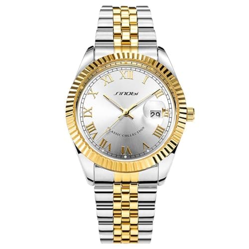 SINOBI Men's Luminous Hand Calendar Date Quartz Watch Classic Stainless Steel Watches for Men (Silver-Gold) - Image 1