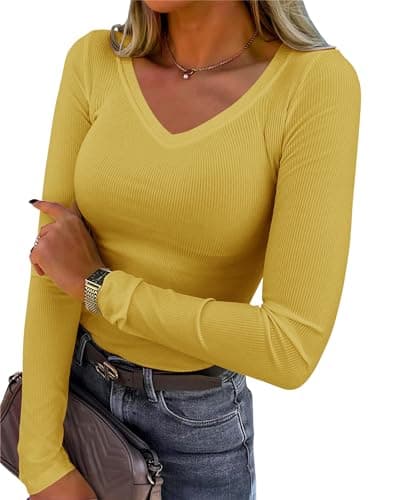 Chulianyouhuo Women's V Neck Ribbed Knit Tops Long Sleeve Slim Fitted T Shirts Casual Basic Tee Tops 2025 Yellow - Image 1