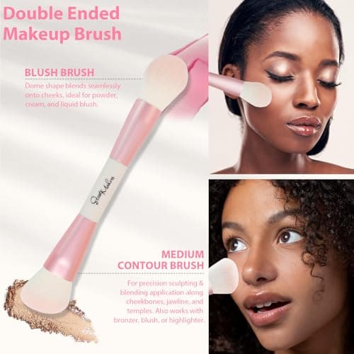 START MAKERS Makeup Brushes 5Pcs Dual Ended Pink Makeup Brush Set for Foundation Blush Bronzer Concealer Contour Powder Highlight Eyebrow Eyeshadow Blending, Travel Makeup Brushes with Bag - Thumbnail 4