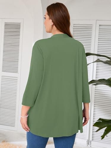 AusLook Women's Plus Size Lightweight Open Front Cardigan Army Green 1X Causal 3/4 Sleeve Cover Ups Shrugs Tops Shawls and Wraps Kimono Jacket Coat - Thumbnail 4