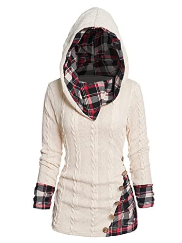 ZEZCLO Women's Twisted Cable Knit Plaid Print Hooded Sweater Mock Button Ruched Shawl Neck Knit Top Light Coffee S - Thumbnail 2